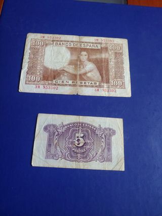 Billetes 100 y 5 pesetas (España)