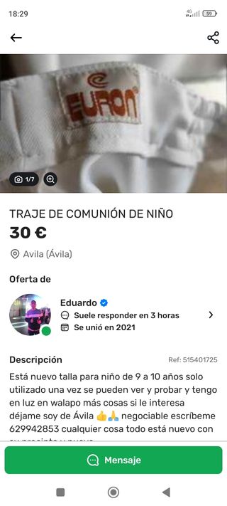 Vendo traje de comunión