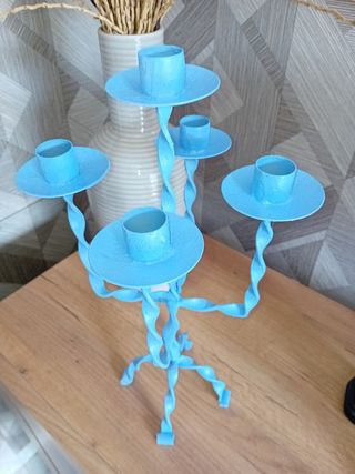 Lampadario shabby in metallo celeste a 5 bracci