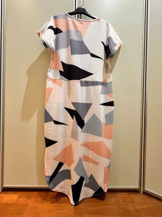 Vestito fantasia geometrico rosa, celeste e bianco