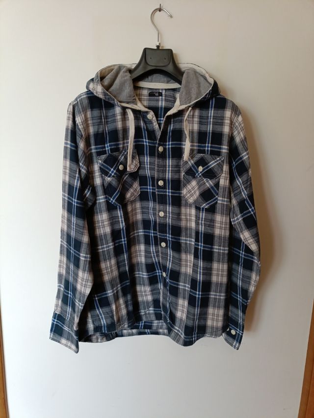 Camicia flanella con cappuccio blu e grigia