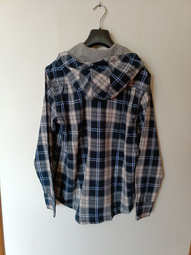 Camicia flanella con cappuccio blu e grigia