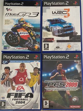 4 juegos PS2: FIFA 2004, MotoGP 3, PES 2009, WRC 3