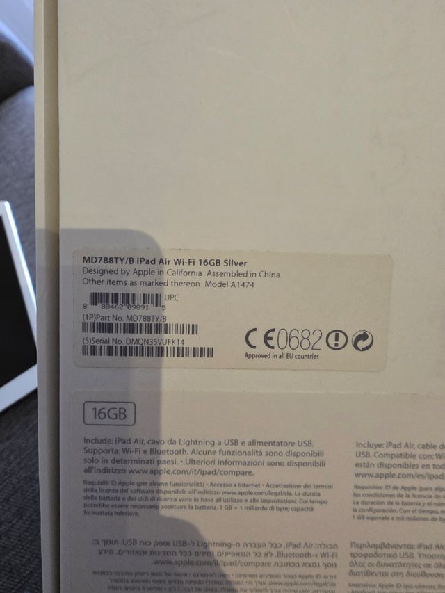 Apple iPad Air WiFi de 16GB. Modelo A1474