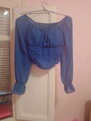 Top azul manga larga