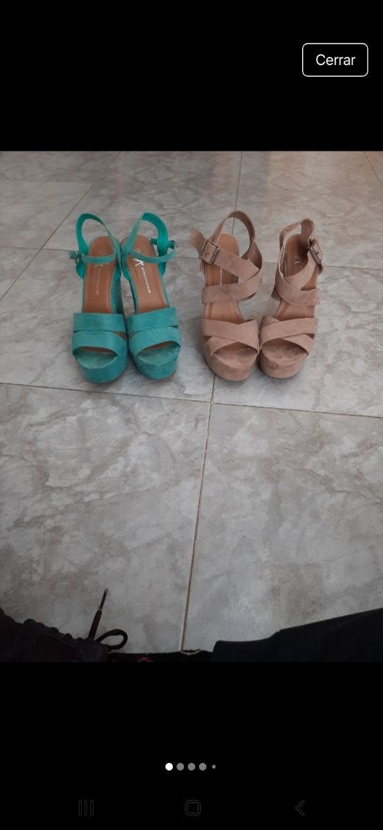 Sandalias cuña beige y turquesa