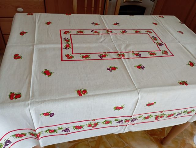 Tovaglia lino-cotone vintage rossa e panna