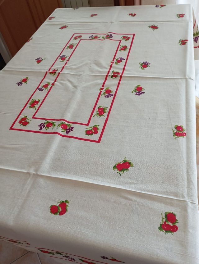 Tovaglia lino-cotone vintage rossa e panna