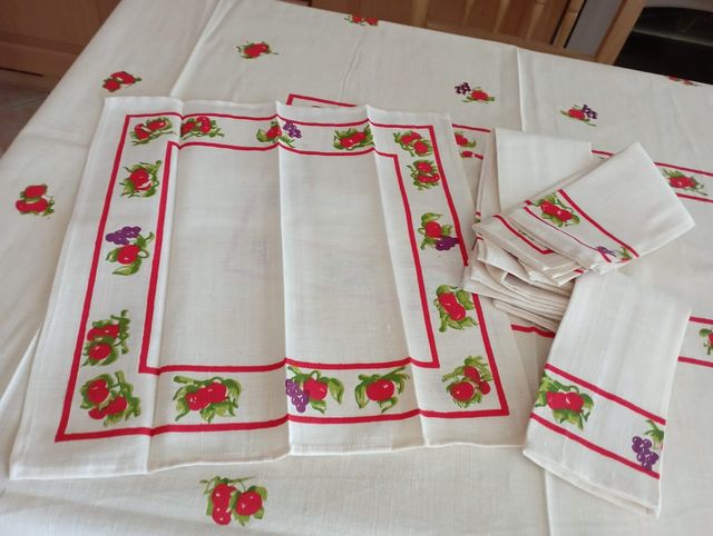 Tovaglia lino-cotone vintage rossa e panna
