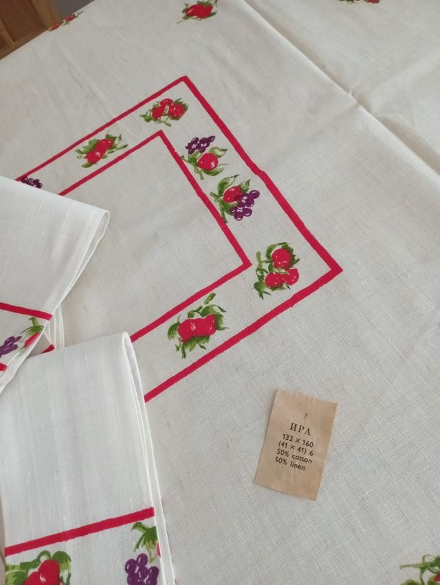 Tovaglia lino-cotone vintage rossa e panna