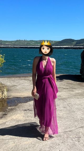 Vestido ceremonia morado largo, fourlard a juego