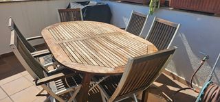 Mesa y 6 sillas jardín -madera-metal