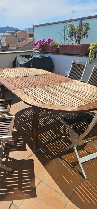 Mesa y 6 sillas jardín -madera-metal