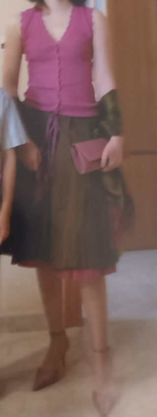 Conjunto falda y chaleco amitie verde militar y ro