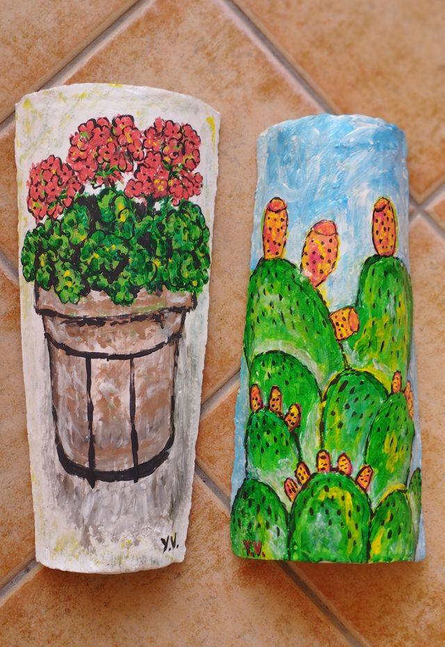 2 tegole dipinte a mano