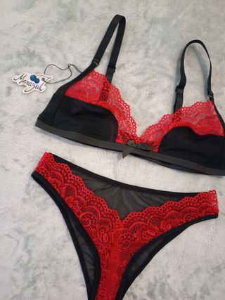 Set de lencería mesh y encaje, rojo y negro