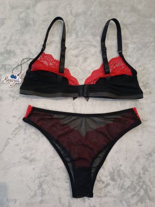 Set de lencería mesh y encaje, rojo y negro