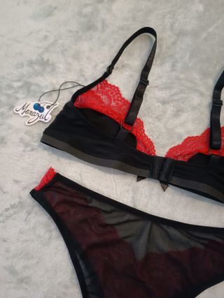 Set de lencería mesh y encaje, rojo y negro