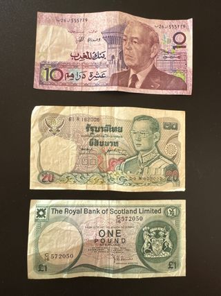 3 Billetes antiguos: Marruecos, Tailandia, Escocia