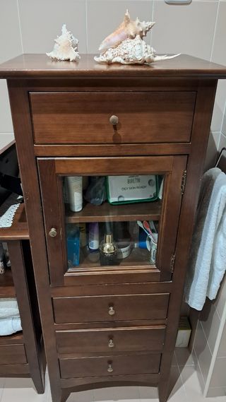 Mueble columna madera vitrina y cajones