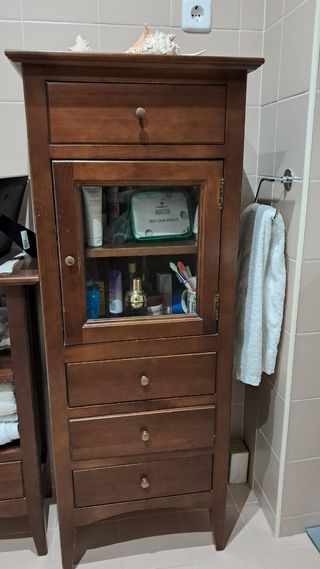 Mueble columna madera vitrina y cajones