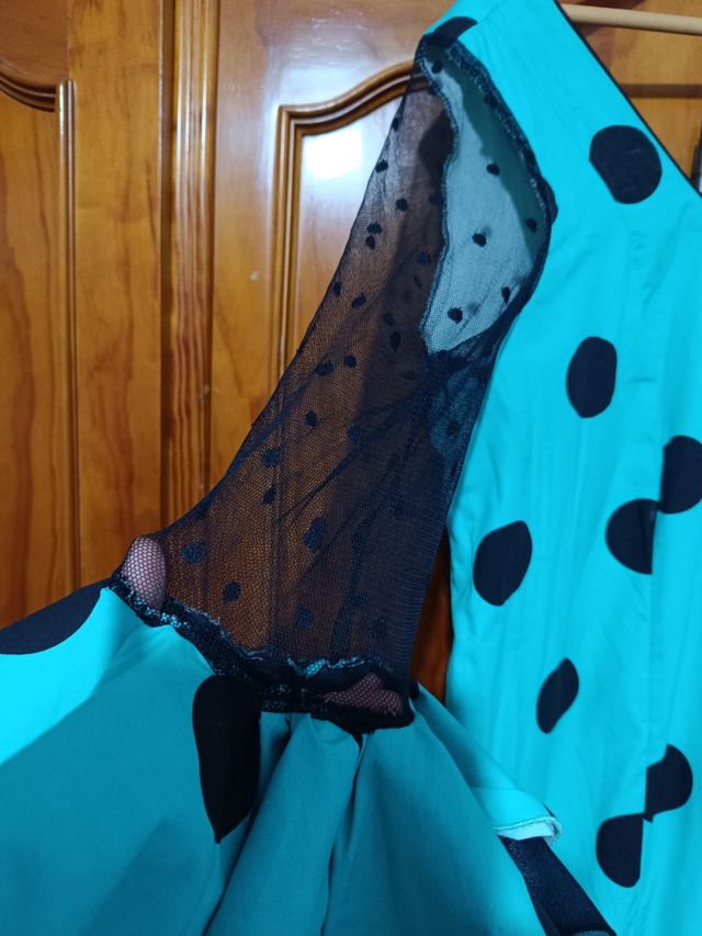 Vestido Flamenca turquesa lunares negros - Talla 4