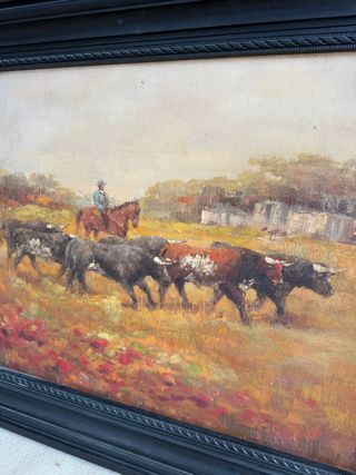 Pareja de óleos sobre lienzo, ganadería con toros