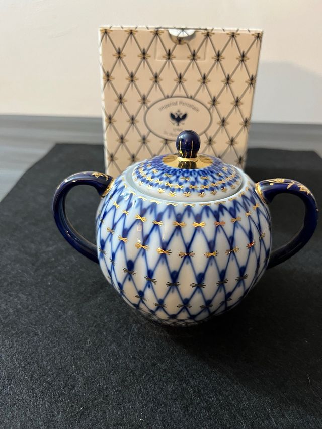 Azucarero Imperial Porcelain azul y dorado