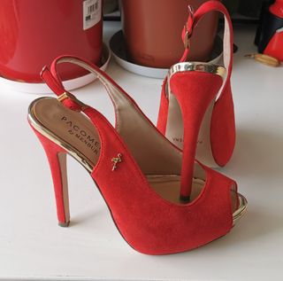 Sandalias rojas y doradas fiesta plataforma