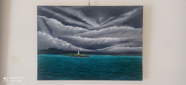 Quadro olio mare faro - blu grigio