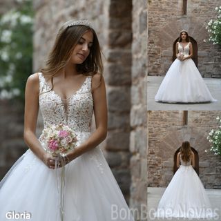 Vestido Novia T 34 Princesa Encaje Brillo
