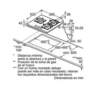 Placa de gas 60cm vidrio templado negro