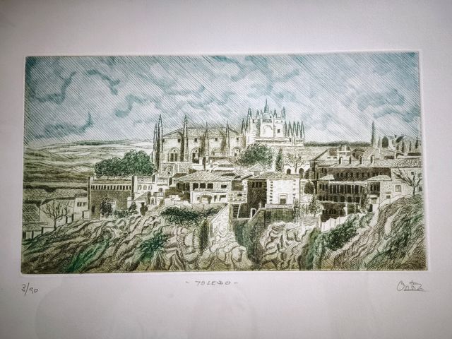 Grabado enmarcado en madera, Vista de Toledo