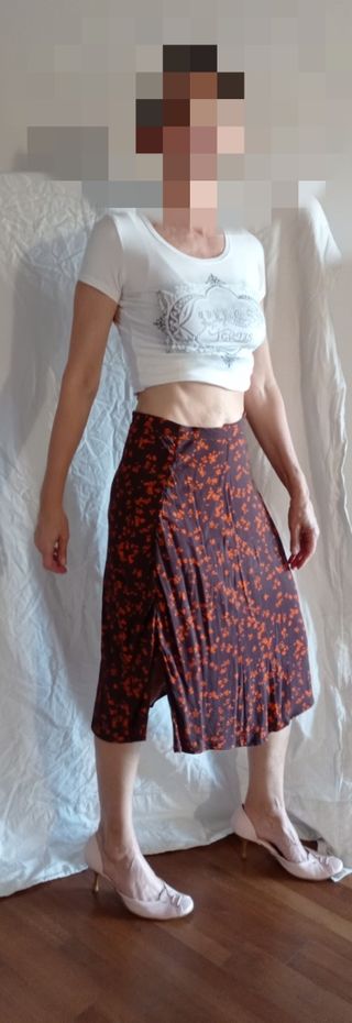 Gonna midi fiori - marrone arancione, Taglia 42
