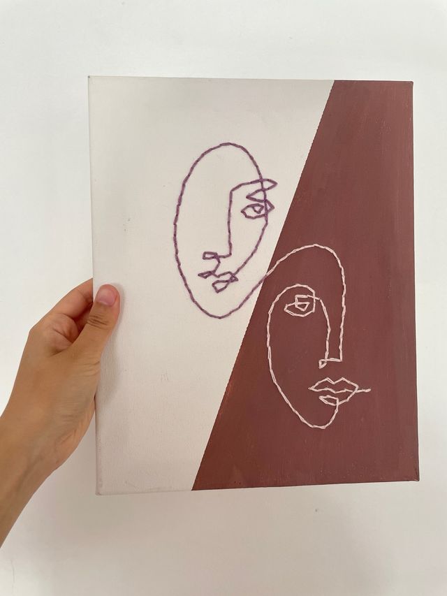 Tela minimalista con disegno a linee ricamate, ritratto astratto, doppia decorazione murale moderna