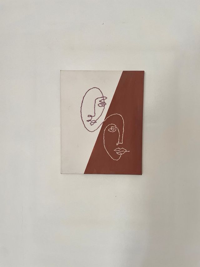 Tela minimalista con disegno a linee ricamate, ritratto astratto, doppia decorazione murale moderna