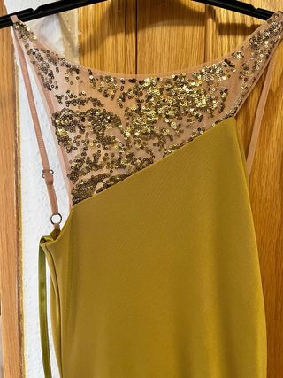 Vestido largo de fiesta dorado-verde oliva