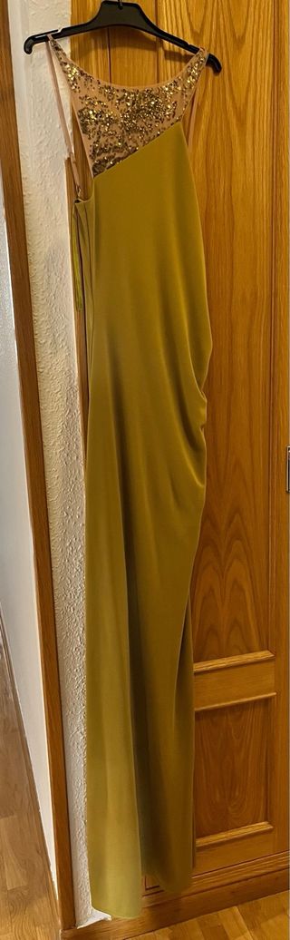 Vestido largo de fiesta dorado-verde oliva