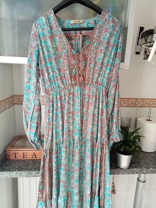 Vestido largo seda m-l verde fucsia 