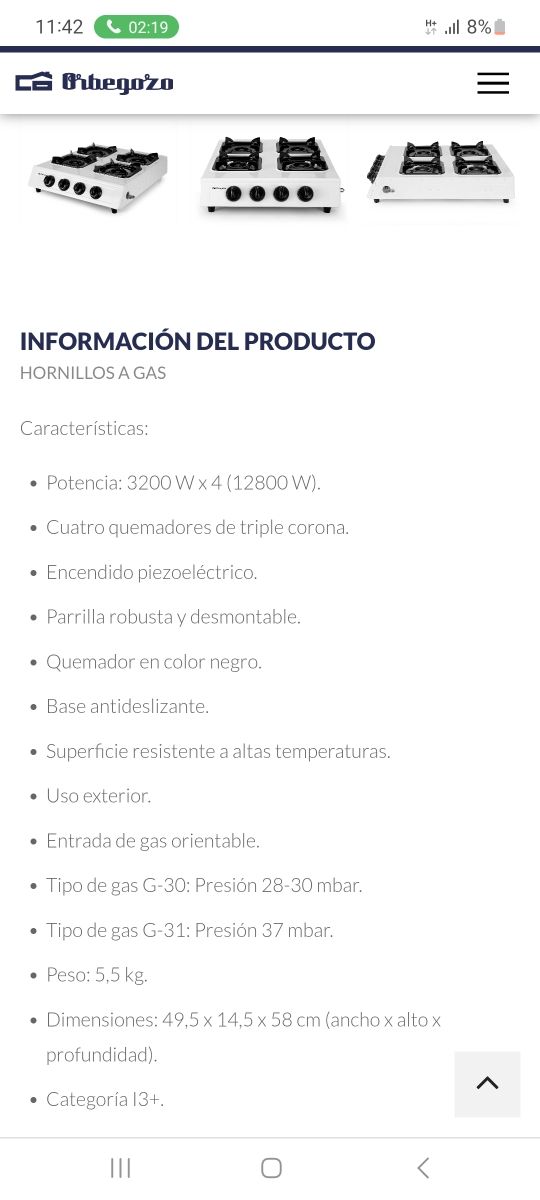 Ornillo cocina gas Obegozo