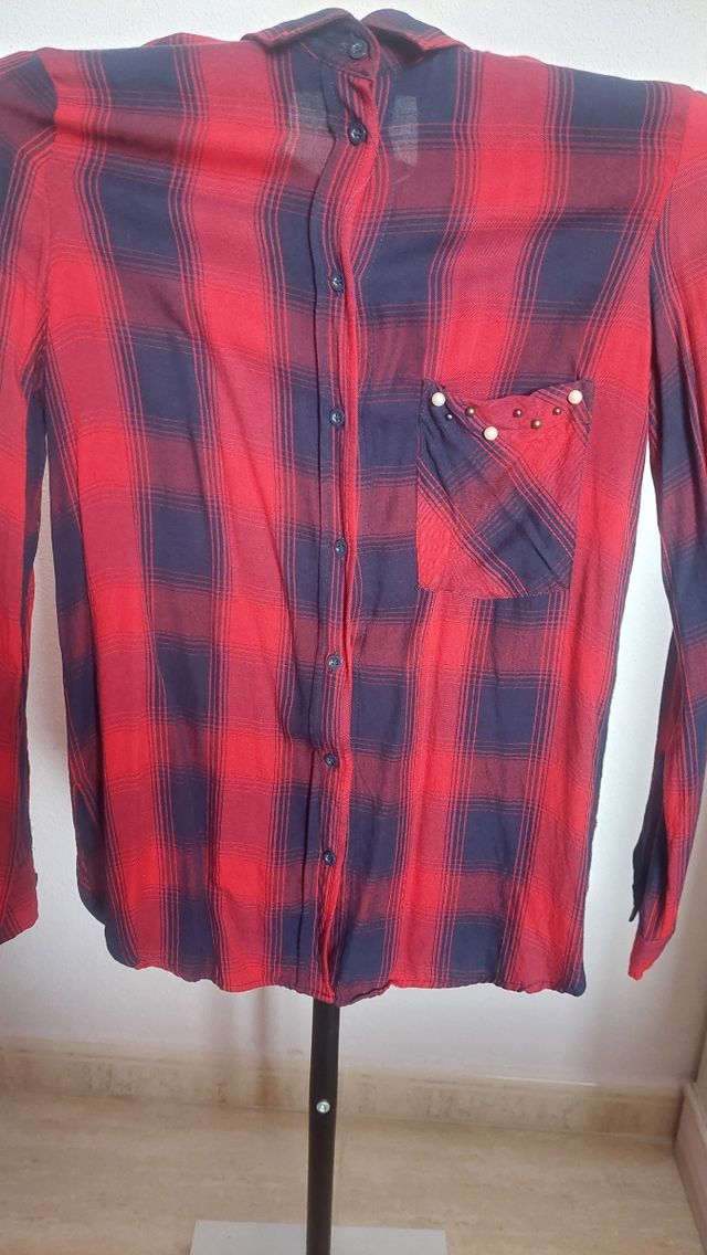 Camisa cuadros Zara roja-negra, talla S