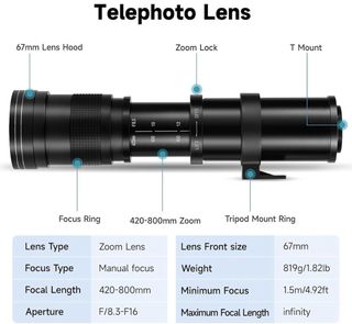 Teleobiettivo JINTU 420-800mm per fotocamera, obiettivo F/8.3-16 manuale, per Canon Nikon, Minolta, Maxxum, Pentax AF, in lega di alluminio, nero