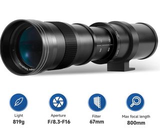 Teleobiettivo JINTU 420-800mm per fotocamera, obiettivo F/8.3-16 manuale, per Canon Nikon, Minolta, Maxxum, Pentax AF, in lega di alluminio, nero