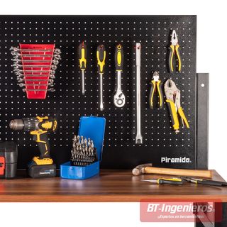 Banco de trabajo plegable con panel perforado y mesa de madera. Piramide®