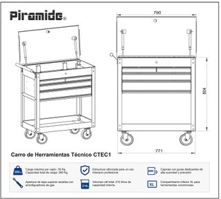 Carro de Herramientas Técnico Piramide CTEC1 – 4 Cajones + Tapa Abatible, Bandeja Lateral y Estante Inferior – Rojo