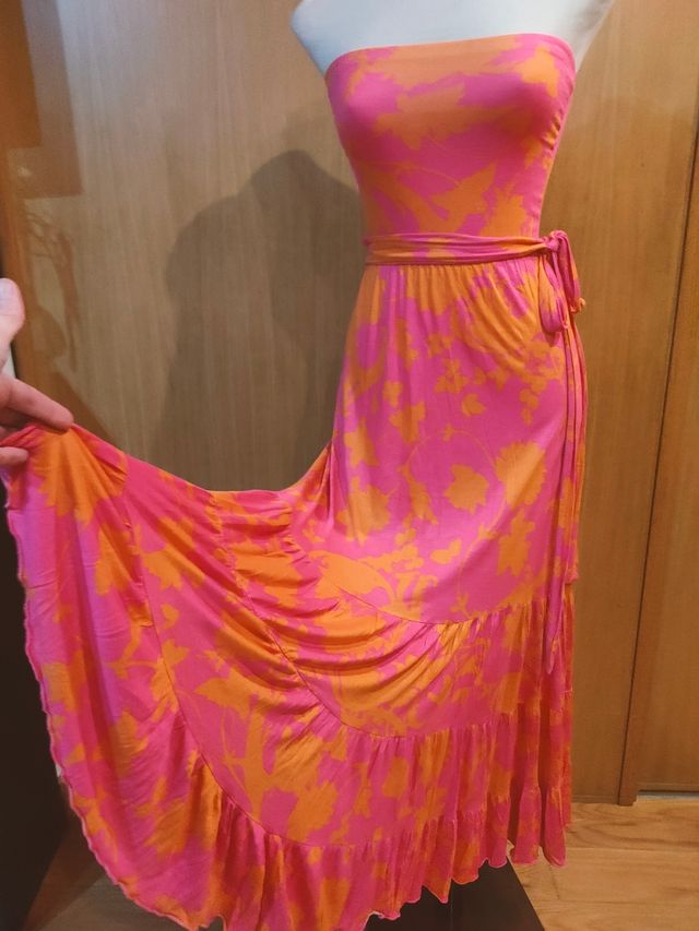 Vestido largo estampado naranja y rosa
