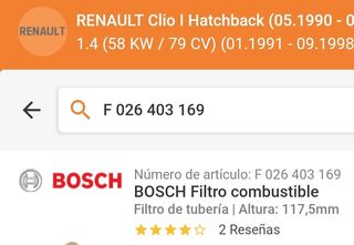 Filtro Combustible Bosch F 3169 Renault Clio