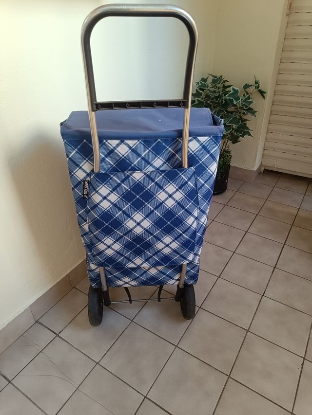Carro de la compra plegable azul y blanco