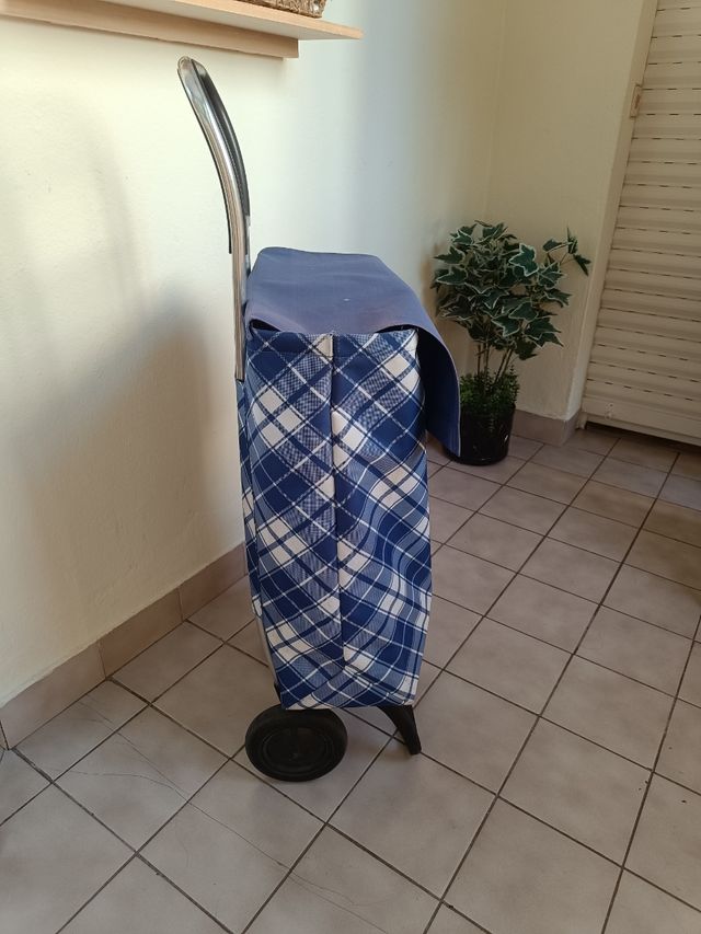 Carro de la compra plegable azul y blanco