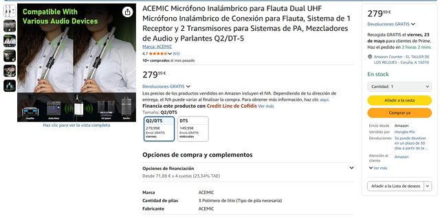 ☘️Micrófono Inalámbrico UHF p/ Flautas (2 TX)